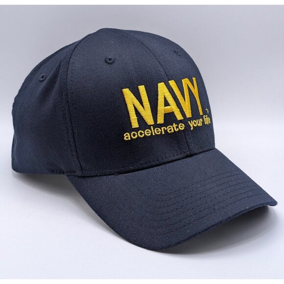 US United States Navy Stretch OSFM Fitted Flex Fit Baseball Cap Hat Blue - Picture 1 of 5